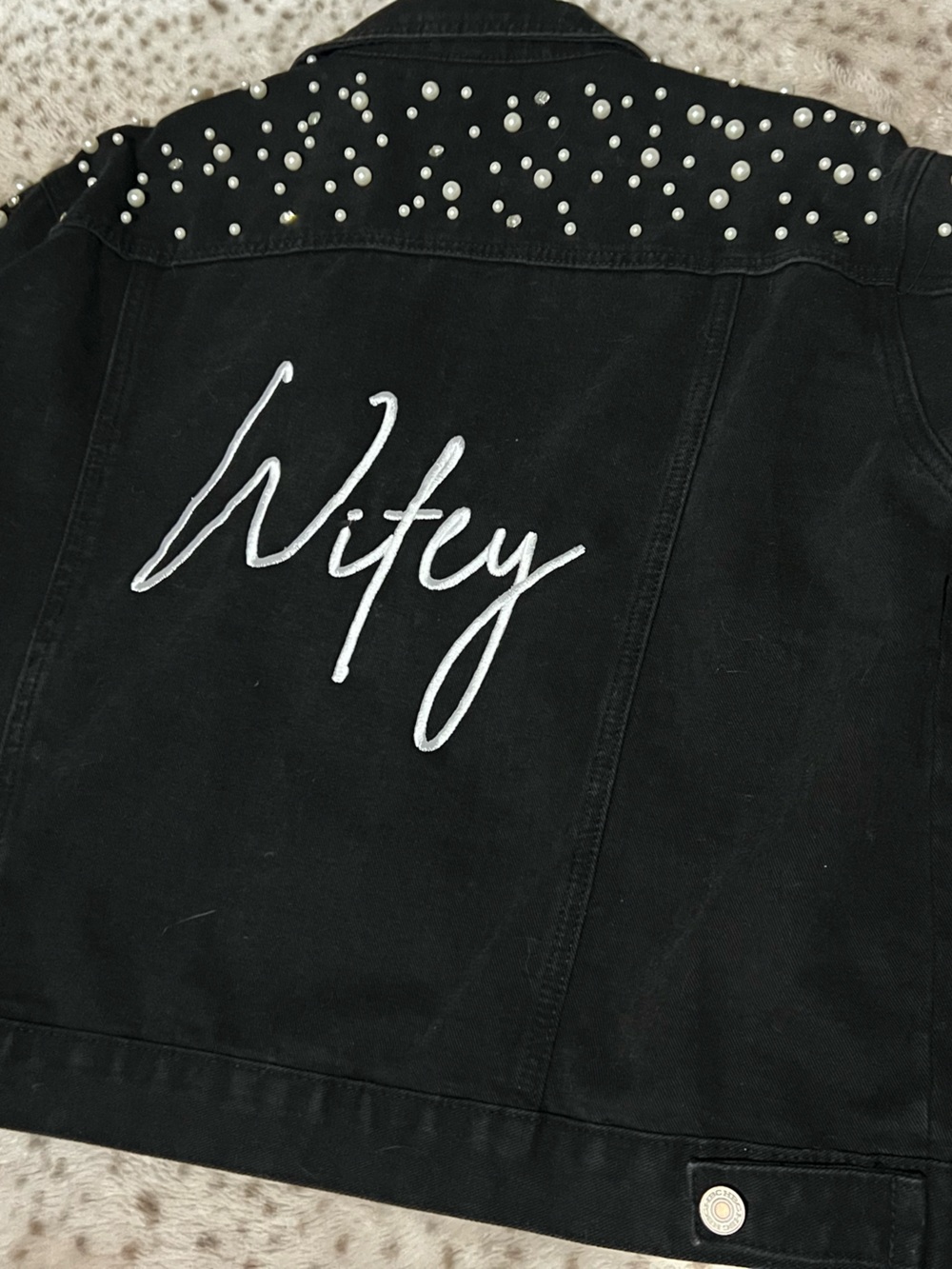 Wifey Embroidered Black Jean Jacket with Pearl Studs